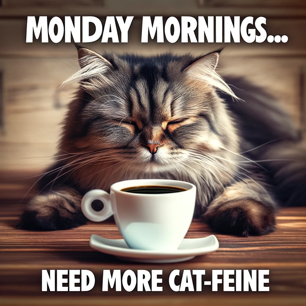 A cat looking extremely sleepy or half asleep, sitting next to a tiny cup of coffee. The cat appears tired and drowsy. The caption reads: "Monday mornings... Need more cat-feine." The scene suggests a relatable morning scenario.