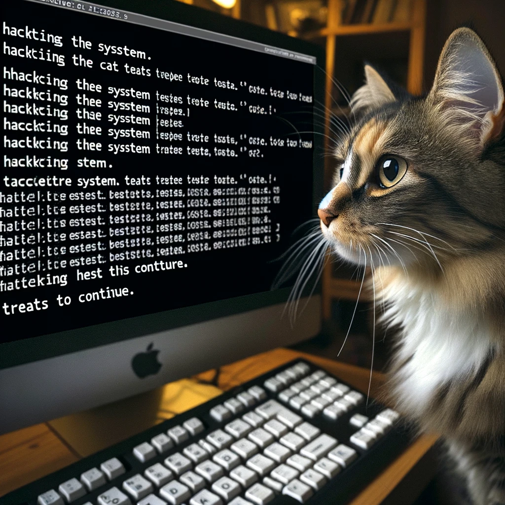 A cat intensely staring at a computer screen with random keyboard typing on the screen. The cat looks focused and curious, as if trying to decipher the screen content. The caption says: "Hacking the system. Send treats to continue." The setting is humorous, depicting the cat as a 'hacker'.
