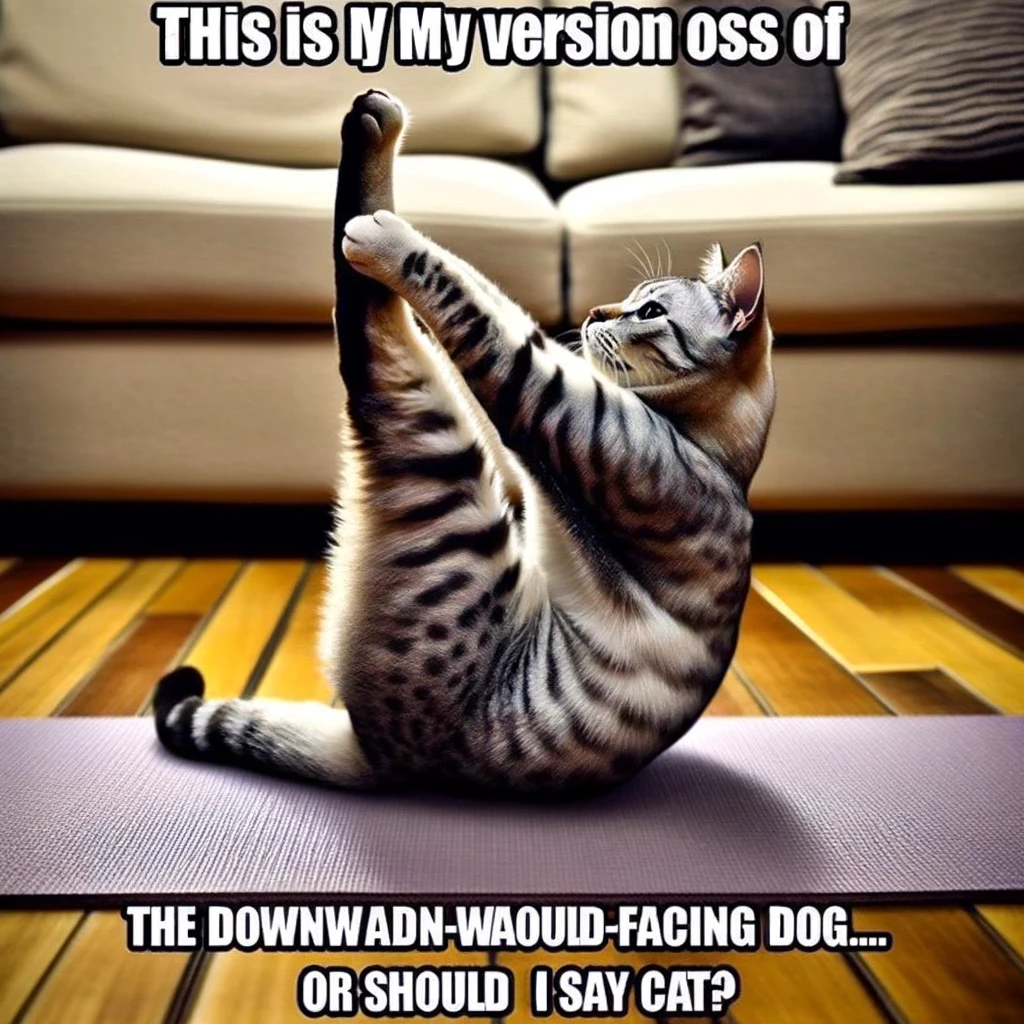 A cat in an amusing yoga pose, like stretching one leg up in the air. The cat appears to be in a playful and flexible yoga position. The caption reads: "This is my version of the downward-facing dog... or should I say cat?" The scene is lighthearted, showcasing the cat's unique take on yoga.