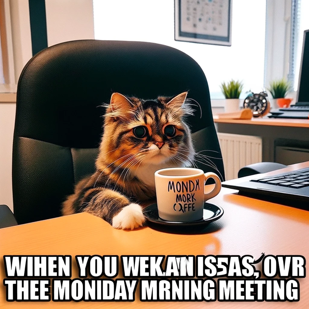 A cat sitting at a tiny office desk with a coffee cup in its paw, looking extremely unimpressed. The desk is in an office environment. The cat should have a facial expression of dismay or boredom, emphasizing the Monday blues. Include a caption in bold text at the bottom of the image: "When you realize your weekend is over, and it's time for the Monday morning meeting."