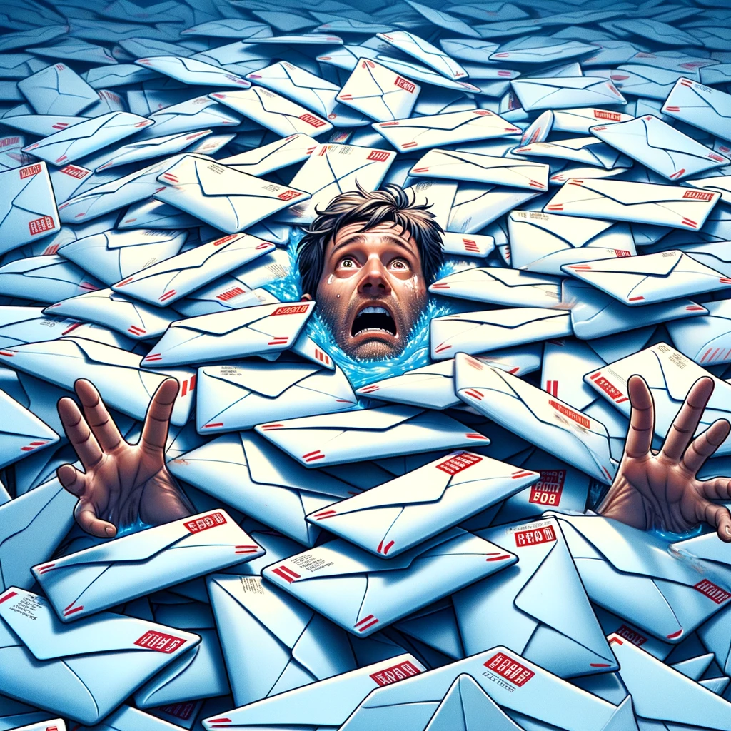 A person drowning in a sea of physical mail envelopes, with an expression of overwhelming panic on their face. The envelopes should be overflowing and covering most of the image to symbolize a large quantity. Include a caption in bold text at the bottom: "When you come back from vacation to 1,000 unread emails."