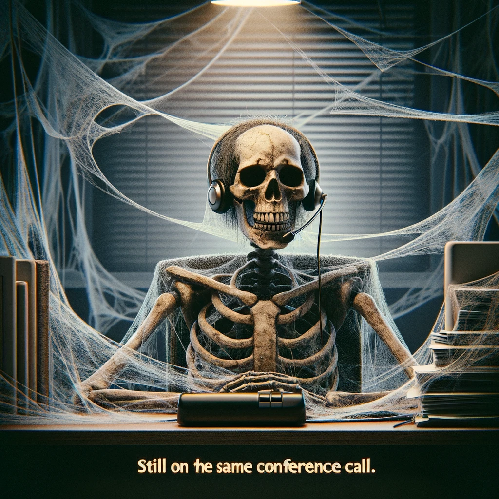 A skeleton sitting at a desk wearing a headset, with cobwebs all around. The skeleton should look like it has been sitting there for a very long time, emphasizing the concept of a never-ending call. The office environment should be dimly lit to add to the eerie, stagnant atmosphere. Include a caption in bold text at the bottom: "Still on the same conference call."