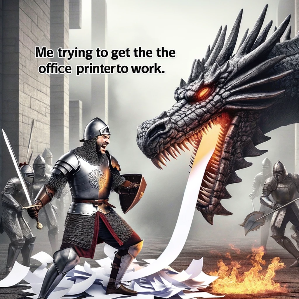 A medieval knight in armor trying to fight a dragon labeled 'Printer'. The dragon should look menacing and be spewing paper instead of fire. The knight looks determined but struggling, symbolizing the challenge of dealing with printer issues. The scene should be set in an office environment to blend medieval and modern elements. Include a caption in bold text at the bottom: "Me trying to get the office printer to work."