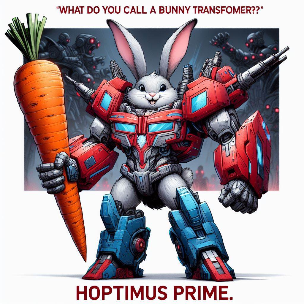 A bunny transformer with a carrot-shaped sword and a blue and red armor. The bunny has a confident and heroic expression. The background is a futuristic city under attack by evil robots. The caption reads: 'What do you call a bunny transformer? Hoptimus Prime.'