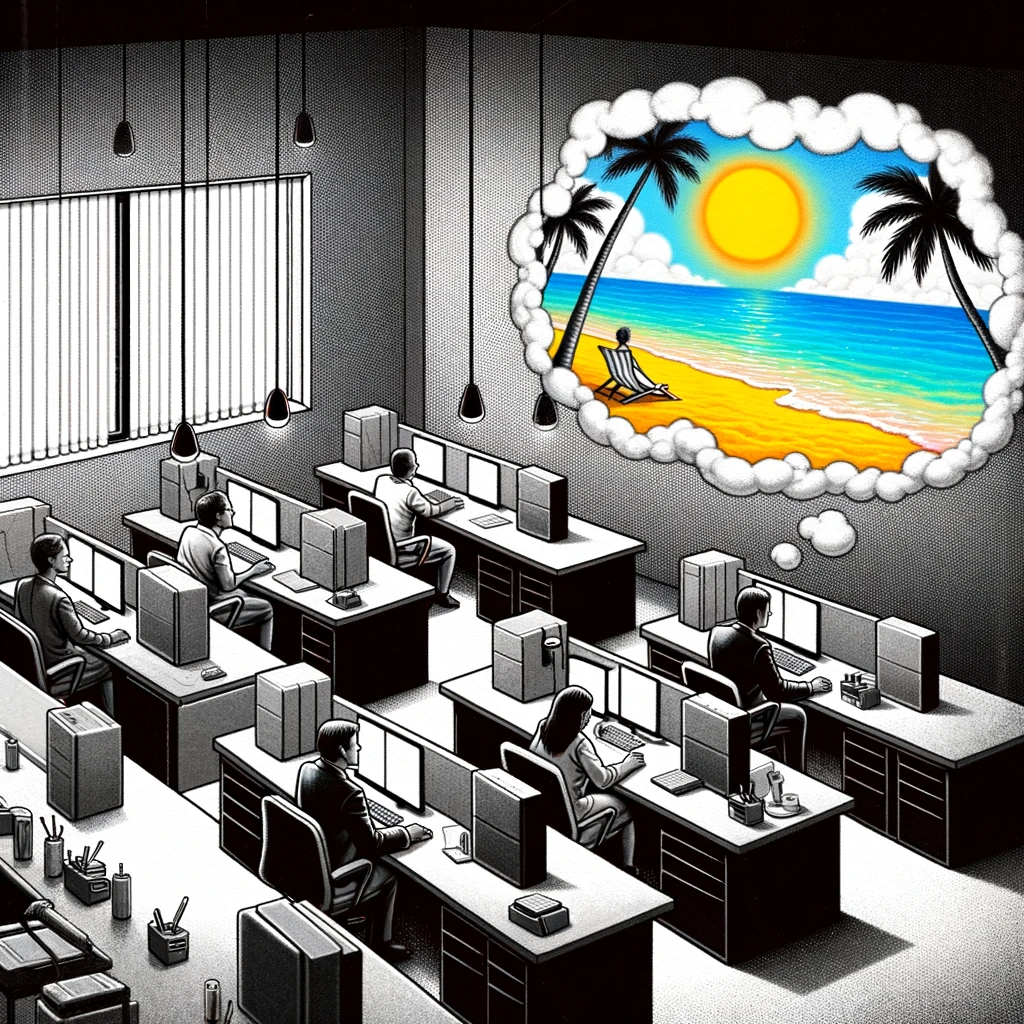 A dreary office scene in grayscale, depicting a mundane and monotonous work environment. One of the workers should have a thought bubble showing a vibrant, colorful beach scene, symbolizing their daydream. The contrast between the grayscale office and the colorful beach should be stark, emphasizing the difference between reality and fantasy. Include a caption in bold text at the bottom: "Lunch break dreams vs. reality."