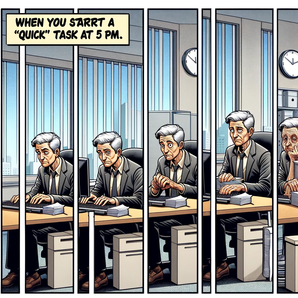 An employee sitting at their desk, looking progressively older in each sequential panel, symbolizing a long and tedious task. The panels should show a noticeable aging process, emphasizing the passage of time while still sitting at the same desk. The office environment should be standard and neutral. Include a caption in bold text at the bottom: "When you start a 'quick' task at 5 pm."