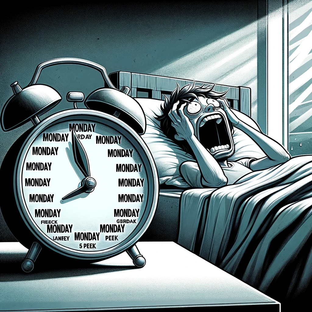 An alarm clock with each day labeled as 'Monday', showing a repetitive and monotonous week. A person in bed, visible in the background, should have a horrified expression, symbolizing their dread of the work week. The scene should convey a feeling of dismay and the monotony of office life. Include a caption in bold text at the bottom: "Every morning in the office be like..."