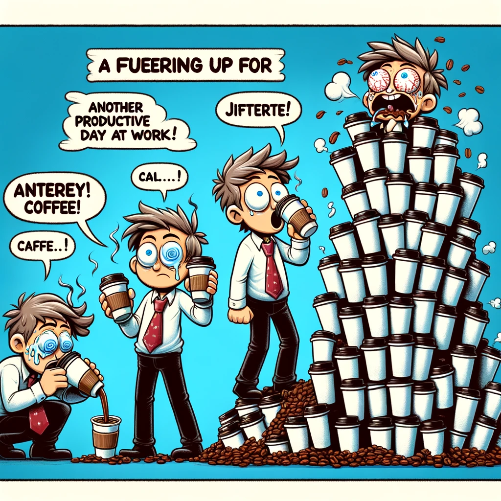 A person looking increasingly caffeinated and jittery with each cup of coffee, surrounded by a mountain of coffee cups. The person's transformation should be evident, showing a progression from calm to extremely hyperactive. The scene should convey a hectic and caffeine-fueled work environment. Include a caption in bold text at the bottom: "Fueling up for another productive day at work!"