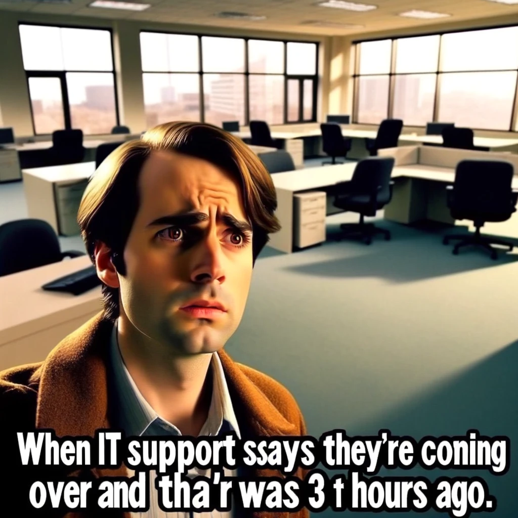 A person looking around an empty office, confused. The office should look deserted, emphasizing the person's isolation and the absence of IT support. The person's expression should convey a mix of confusion and frustration. Include a caption in bold text at the bottom: "When IT support says they're coming right over and that was 3 hours ago."