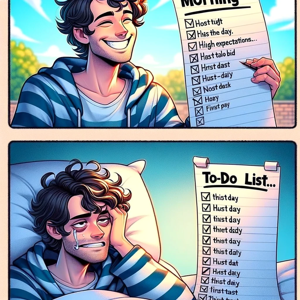 A long, ambitious to-do list with only the first task crossed out. The scene should have two panels: one showing the character smiling in the morning, optimistic and ready to start the day, and another in the evening with the character looking exhausted, with the majority of tasks still pending. The to-do list should be prominently displayed, indicating the passage of time. Include a caption in bold text at the bottom: "Started the day with high expectations... it's now 5 pm."