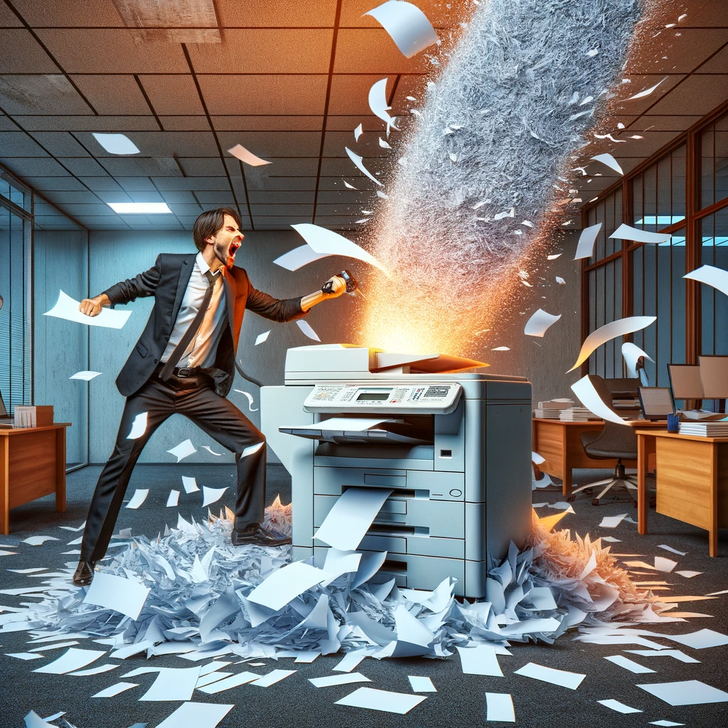 A person engaged in an epic battle with a photocopier spewing paper. The scene should be chaotic, with paper flying everywhere, symbolizing a severe paper jam. The person's expression should be one of determination and frustration, as if they're in a continuous struggle with the machine. The office environment should add to the sense of chaos and frustration. Include a caption in bold text at the bottom: "The paper jam saga continues..."