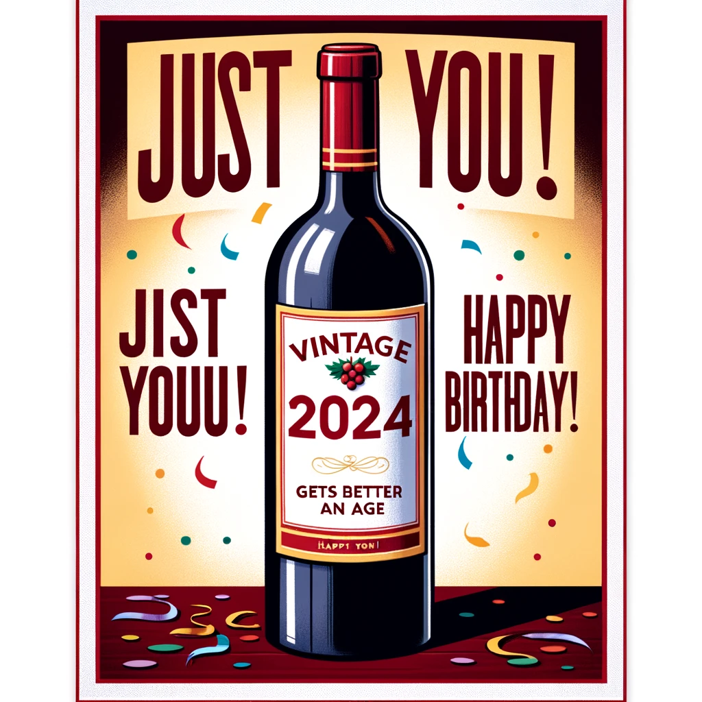 A humorous image of a wine bottle with a label that says 'Vintage 2024. Gets better with age.' Below, a caption in a fun, bold font reads: 'Just like you! Happy Birthday!' The bottle is in a celebratory setting with confetti and a festive atmosphere.