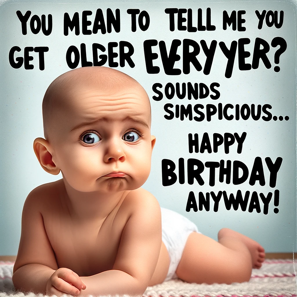 An image of a baby with a skeptical look on their face. The baby appears curious and slightly doubtful. The background is playful and suitable for a birthday theme. A caption in a humorous font reads: 'You mean to tell me you get older every year? Sounds suspicious... Happy Birthday anyway!'