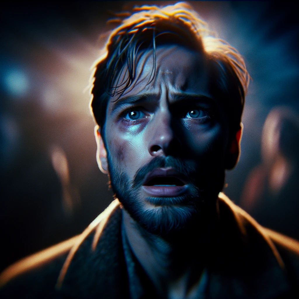 A still from a dramatic movie scene where the main character looks shocked or overwhelmed. The scene has a cinematic feel with expressive lighting and composition. The caption in an impactful font reads: 'When you realize you have to wait another year for your next birthday.'