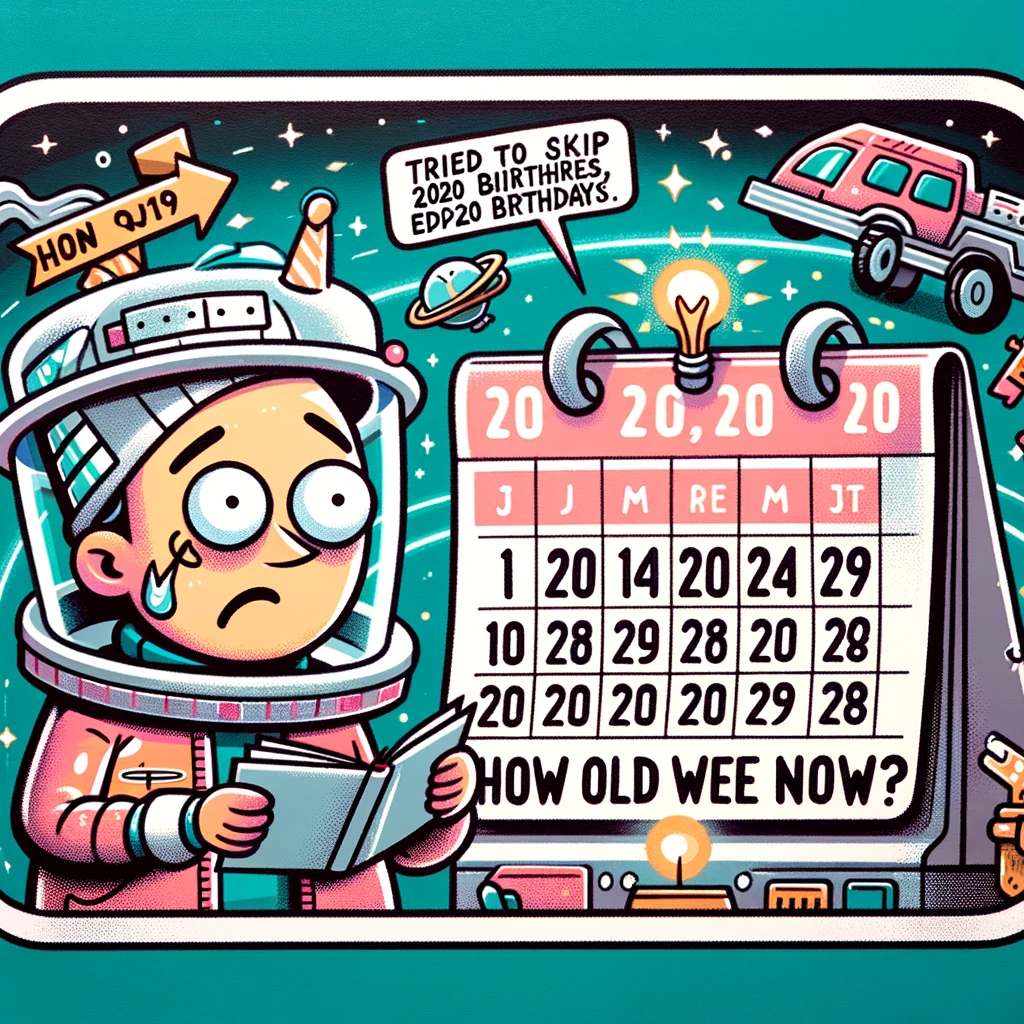 A cartoon of a confused time traveler looking at a calendar, with elements indicating a time-travel theme like a futuristic outfit and a whimsical time machine in the background. The caption in a quirky font reads: 'Tried to skip 2020 birthdays, ended up in 2024. How old are we now?'