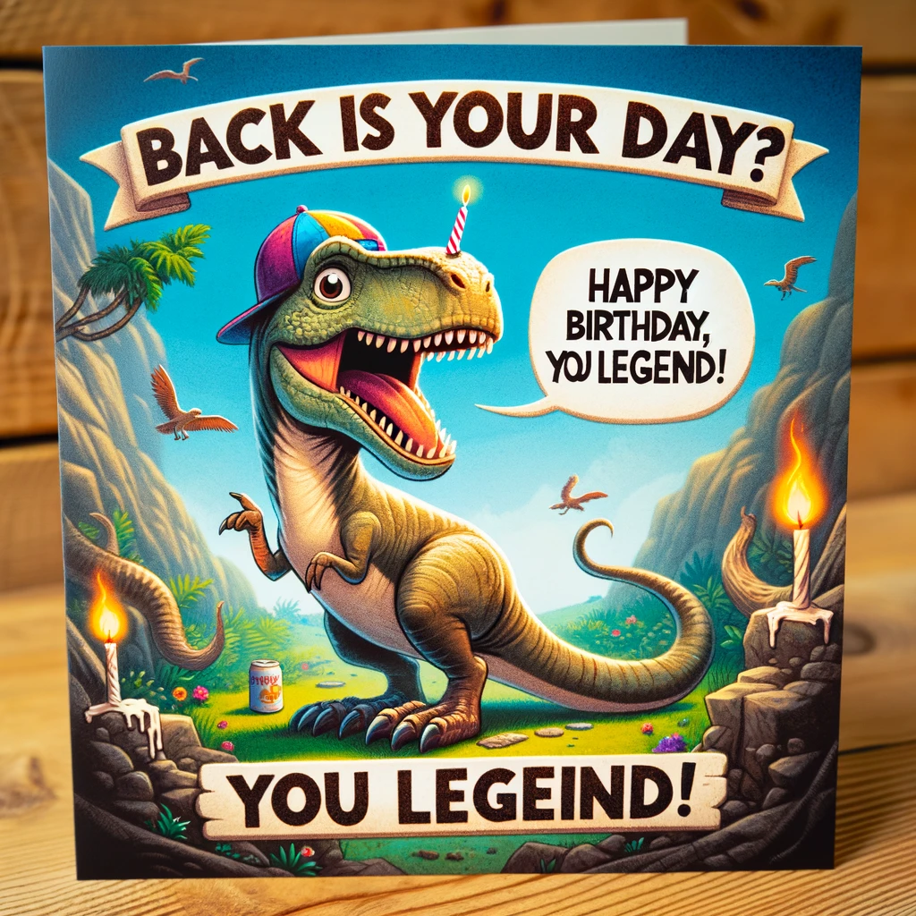 An image of a dinosaur in a funny and cartoonish style, posed as if it's telling a story. The setting is prehistoric with a playful and colorful background. A caption in a humorous font reads: 'Back in your day? Happy Birthday, you legend!'