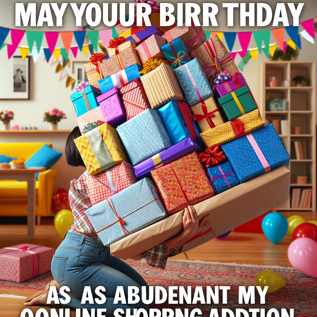 A photo of someone humorously struggling to carry a huge pile of brightly wrapped gifts. The setting is festive with birthday decorations in the background. The caption in a playful font reads: 'May your birthday be as abundant as my online shopping addiction.'
