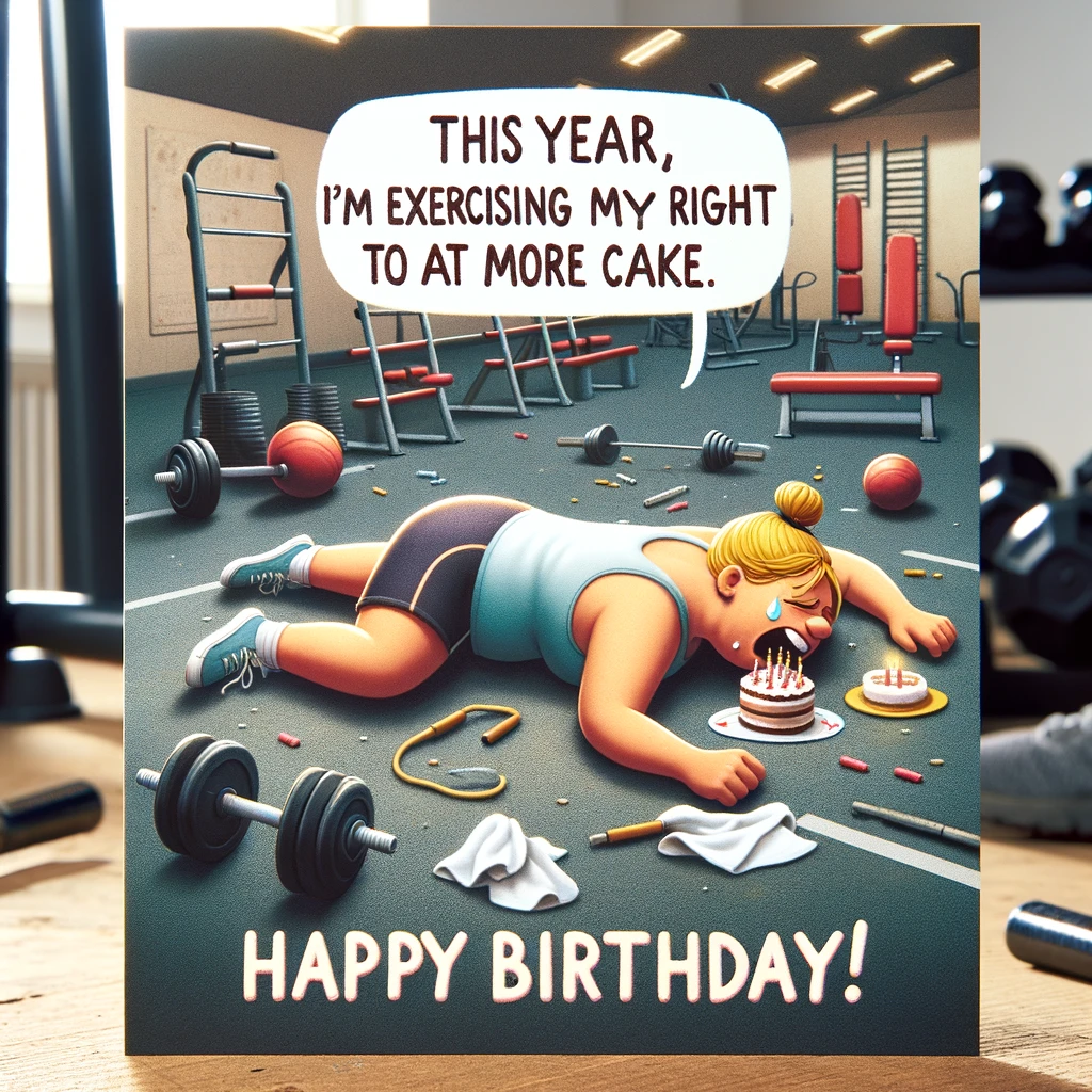 An image of a person exhausted on a gym floor, surrounded by gym equipment. The person is playfully depicted as if they've just finished a workout. The gym setting is realistic. A caption in a fun font reads: 'This year, I'm exercising my right to eat more cake. Happy Birthday!'