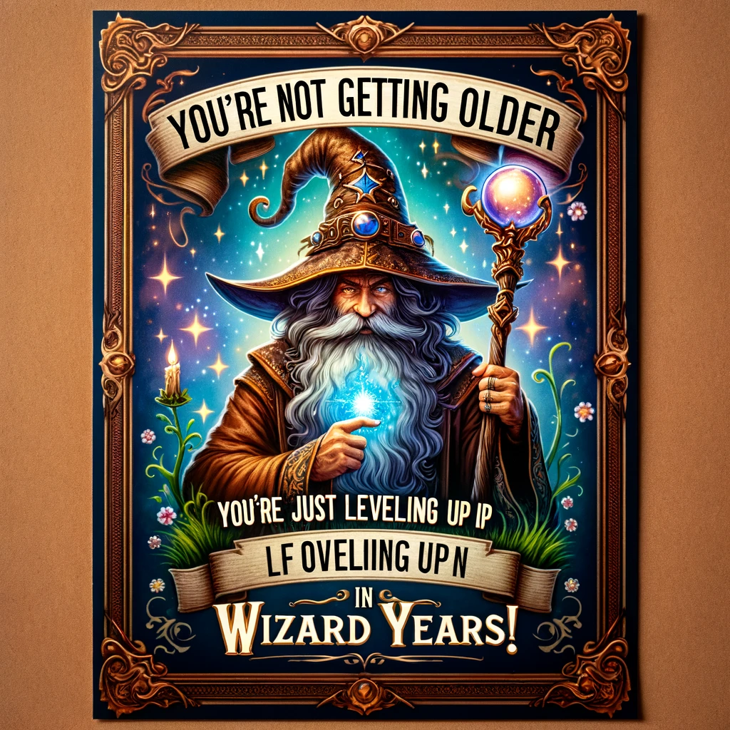 A picture of a wizard with a long beard, wearing a traditional wizard hat and robes. The wizard is depicted in a mystical and whimsical setting, with magical elements like a crystal ball or enchanted staff. A caption in a fantasy-style font reads: 'You're not getting older, you're just leveling up in wizard years. Happy Magical Birthday!'