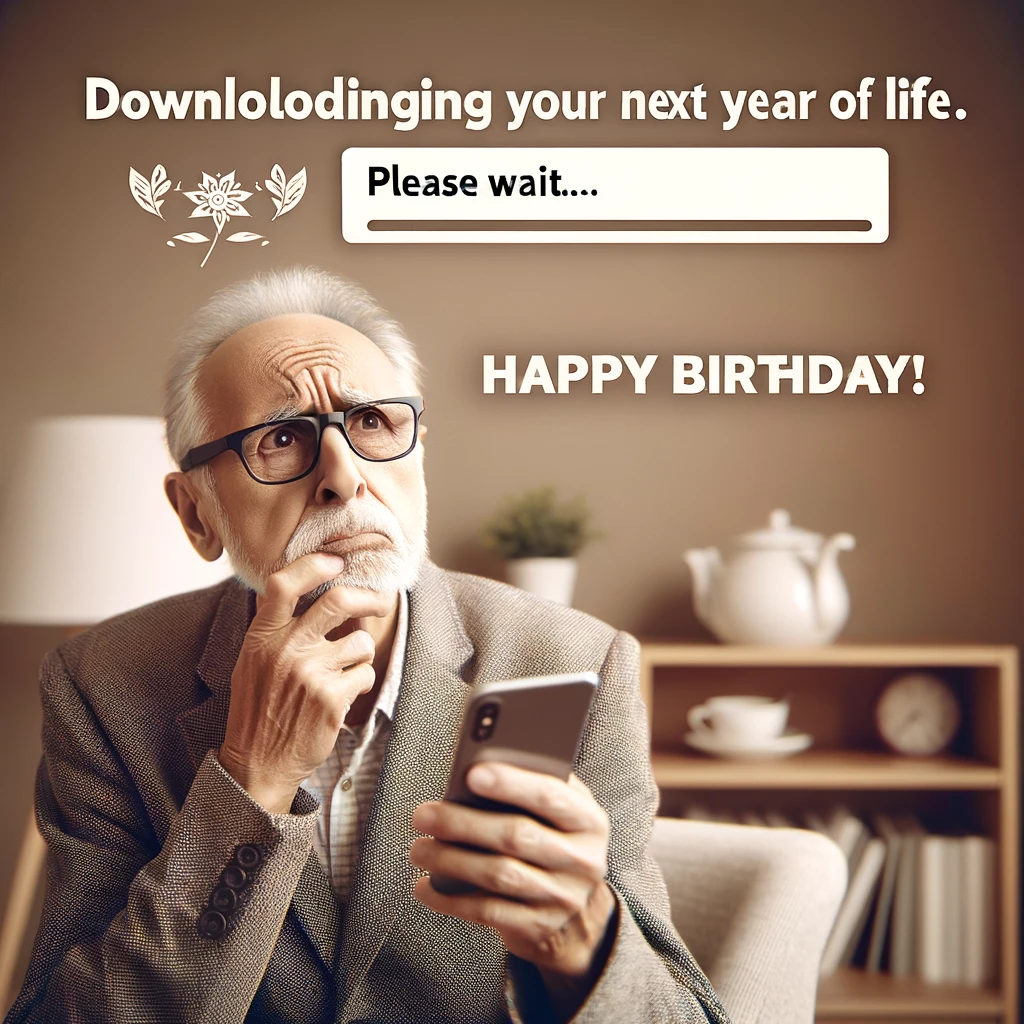 An image of an elderly person looking confused while using a smartphone. The elderly person is depicted in a modern home setting, conveying a mix of confusion and curiosity. The caption in a playful font reads: 'Downloading your next year of life. Please wait... Happy Birthday!'