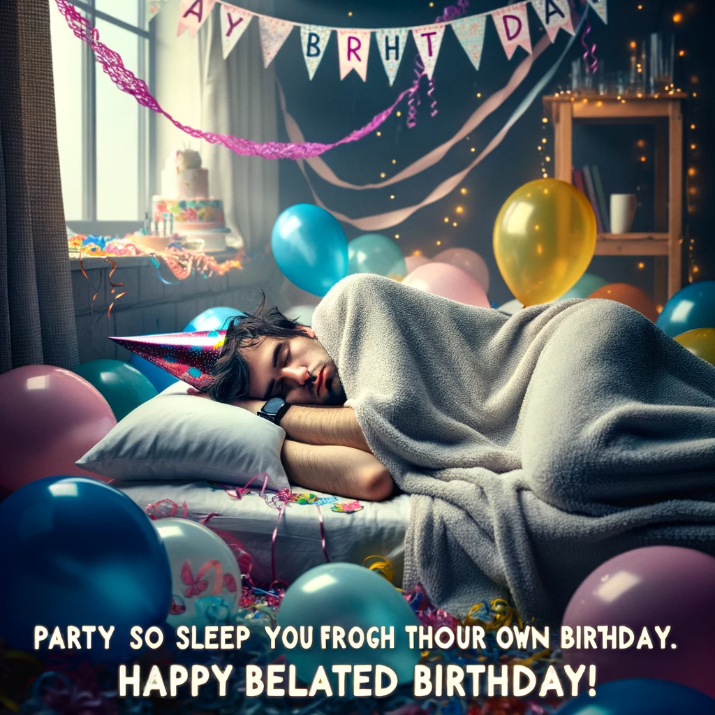 A photo of someone sleeping peacefully with party decorations all around. The setting is a room that looks like a birthday party has just taken place, with balloons and streamers. The caption in a playful font reads: 'Party so hard you slept through your own birthday. Happy Belated Birthday!'