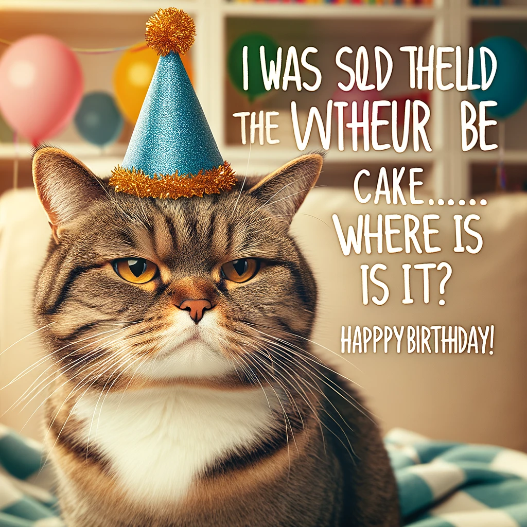 A grumpy cat wearing a party hat, looking unimpressed. The cat is in a festive setting with a hint of humor, indicating a birthday party atmosphere. The caption in a playful font reads: 'I was told there would be cake... Where is it? Happy Birthday!'