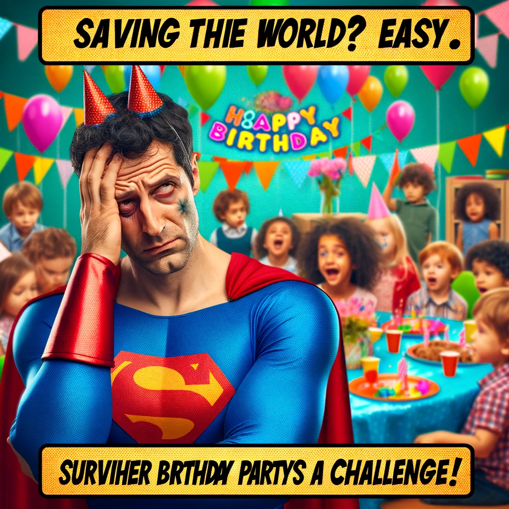An image of a superhero looking exhausted at a child's birthday party. The superhero is in a colorful party setting with children, balloons, and decorations, looking amusingly overwhelmed. The caption in a bold font reads: 'Saving the world? Easy. Surviving another birthday party? Now that's a challenge. Happy Birthday!'