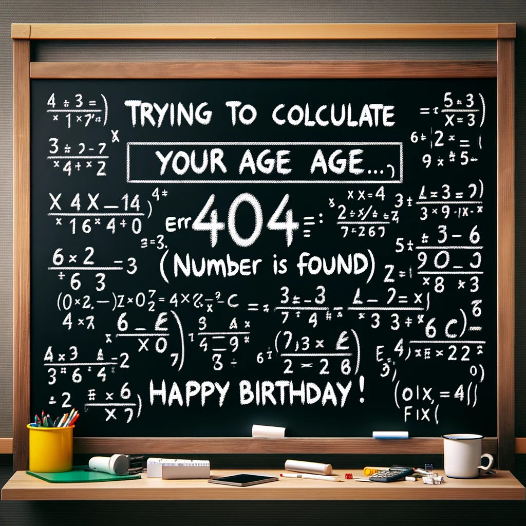 An image of a complex math equation on a blackboard, symbolizing the challenge of calculating age. The blackboard is in a classroom setting. The caption in a playful font reads: 'Trying to calculate your age. Error 404: Number not found. Happy Birthday!'