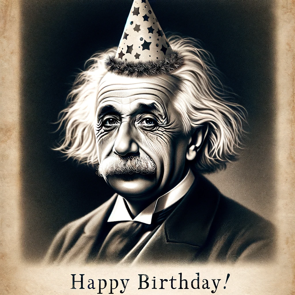 A portrait of a famous historical figure like Einstein or Shakespeare wearing a silly birthday hat. The portrait maintains the classic style but with a humorous twist of the birthday hat. The caption in an elegant font reads: 'Getting wiser and older, just like the classics. Happy Birthday!'