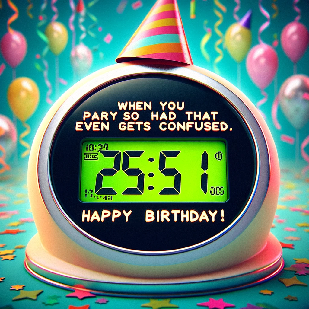 A digital clock showing a nonsensical time like '25:61'. The clock is in a festive, party-like environment with a humorous twist. The caption in a playful font reads: 'When you party so hard that even time gets confused. Happy Birthday!'