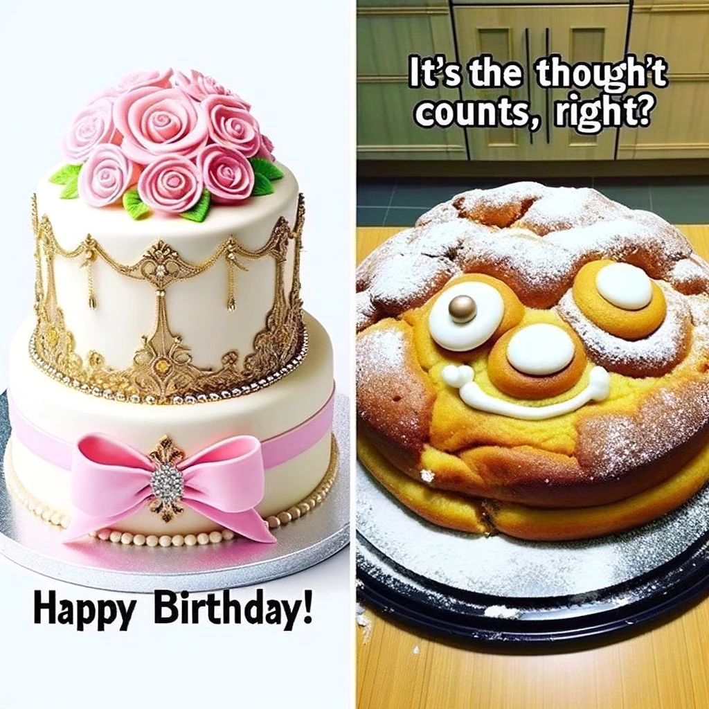 A split image showing a fancy cake on one side and a hilariously failed homemade cake on the other. The contrast between the two cakes is humorous and relatable. The caption in a witty font reads: 'It's the thought that counts, right? Happy Birthday!'