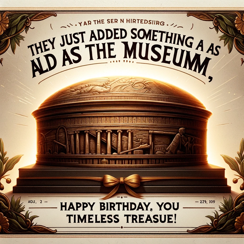 An image of an ancient artifact in a museum setting, conveying a sense of history and timelessness. The artifact is depicted as if it's a celebrated piece. The caption in an elegant font reads: 'They just added something as old as you to the museum. Happy Birthday, you timeless treasure!'