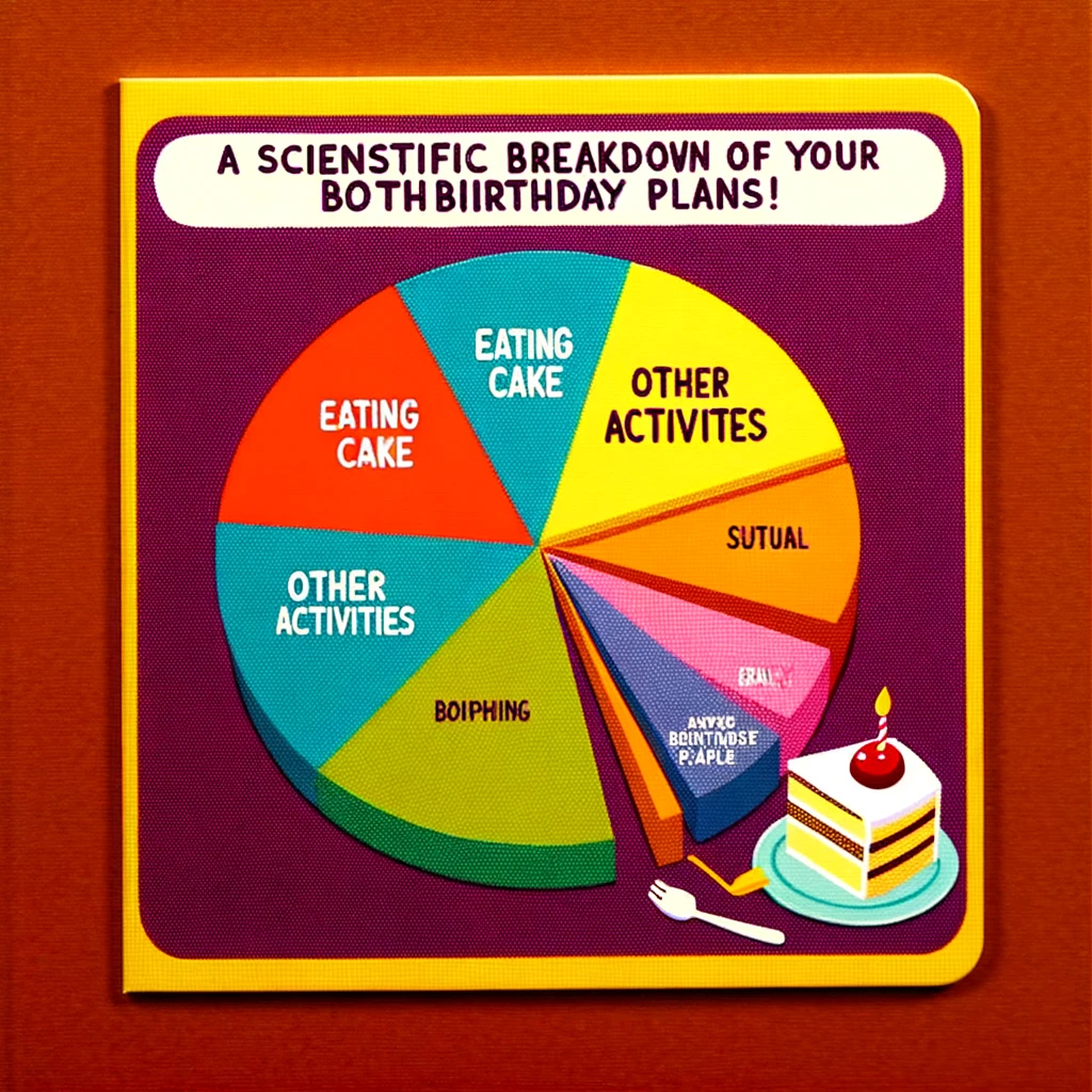 A pie chart with most of it labeled 'Eating Cake' and a tiny slice for 'Other Activities'. The chart is colorful and playful, emphasizing the humorous aspect of birthday celebrations. The caption in a funny font reads: 'A scientific breakdown of your birthday plans. Enjoy!'