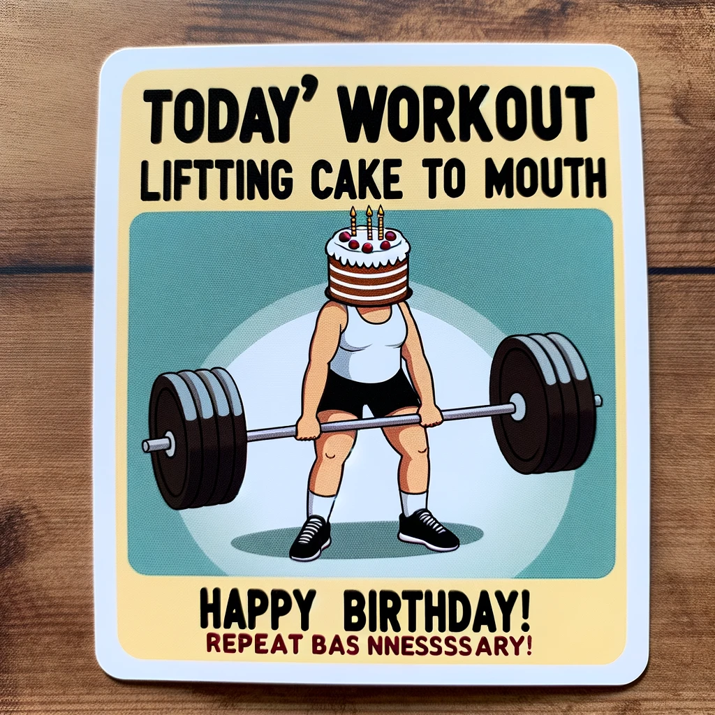A photo of someone lifting a cake instead of weights. The person is depicted in a gym setting, humorously replacing traditional workout equipment with a cake. The caption in a playful font reads: 'Today's workout: lifting cake to mouth. Repeat as necessary. Happy Birthday!'
