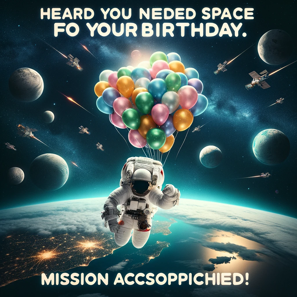 An image of an astronaut floating in space with balloons, portraying a birthday celebration in the cosmos. The setting is space with a view of Earth in the background. The caption in a cosmic font reads: 'Heard you needed space for your birthday. Mission accomplished!'