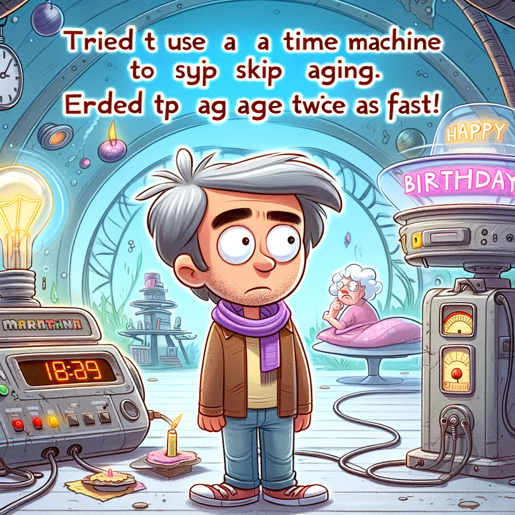 A cartoon of someone looking confused in front of a time machine. The setting is whimsical and science-fiction-like, with various time-travel gadgets. The caption in a humorous font reads: 'Tried to use a time machine to skip aging. Ended up aging twice as fast. Happy Birthday!'