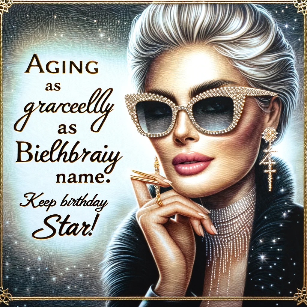 An image of a celebrity known for their unique style or trademark look, portrayed in a stylish and glamorous manner. The celebrity is depicted in a setting that highlights their fame and elegance. The caption in a glamorous font reads: 'Aging as gracefully as [Celebrity's Name]. Keep shining, birthday star!'