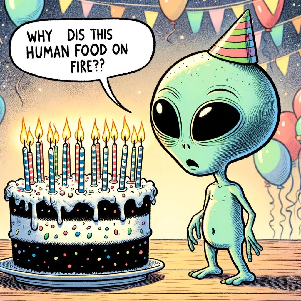 A cartoon of an alien looking puzzled at a birthday cake with candles. The alien is depicted with a confused expression, looking quizzically at the lit candles on the cake. The scene is whimsical and colorful, with the alien standing in a typical Earth birthday party setting. Caption at the bottom: "Alien: 'Why is this human food on fire?' Happy Earth Birthday!"