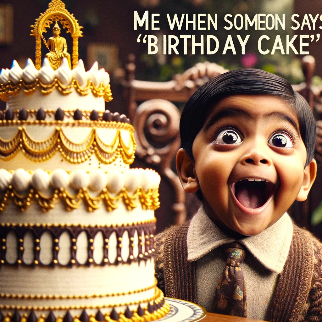 A photo of a child with wide eyes and an overjoyed expression, staring at a huge birthday cake. The child's face shows extreme excitement and happiness, as if seeing the biggest and most wonderful cake ever. The cake is decorated lavishly, adding to the overall humorous and joyful theme. Caption at the bottom reads: "Me when someone says 'birthday cake'."