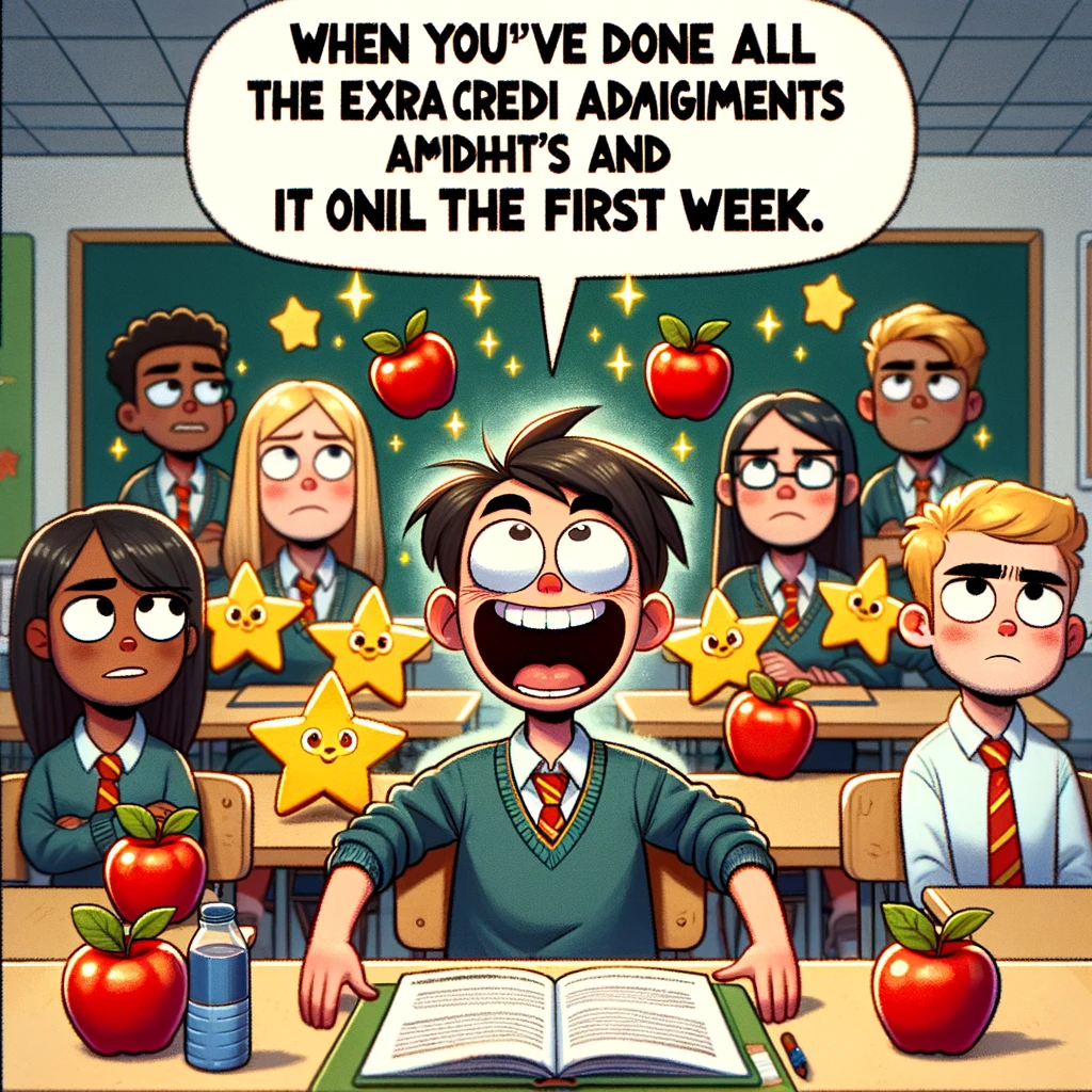 A student sitting at the front of the class, surrounded by apples and gold stars, with a huge grin, while other students in the background look annoyed. The caption reads: "When you've done all the extra credit assignments and it's only the first week." School classroom setting, cartoon style.