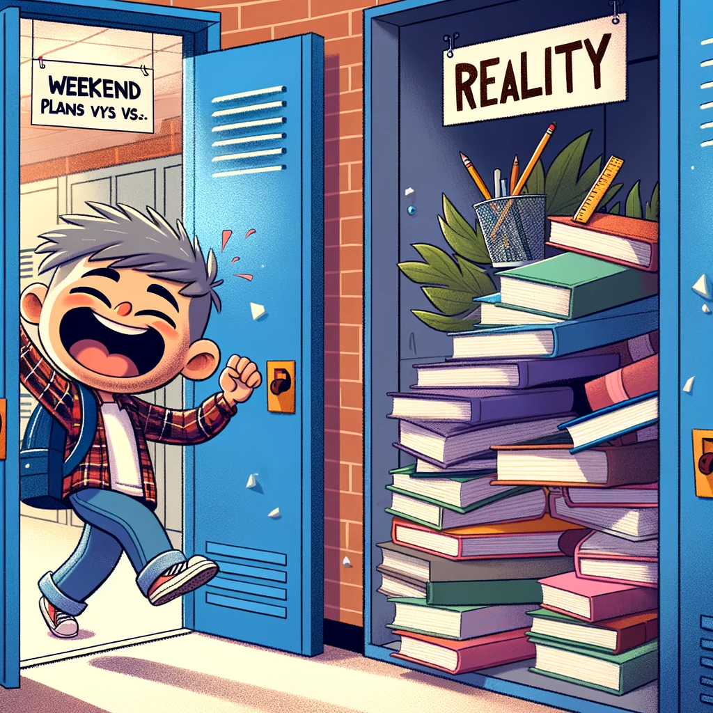 A student joyfully closing their locker on a Friday afternoon, then their expression turns to horror as they see a massive pile of homework books. Caption reads: "Weekend plans vs. Reality." School hallway setting, cartoon style, with the student in the foreground and a pile of books in the background.