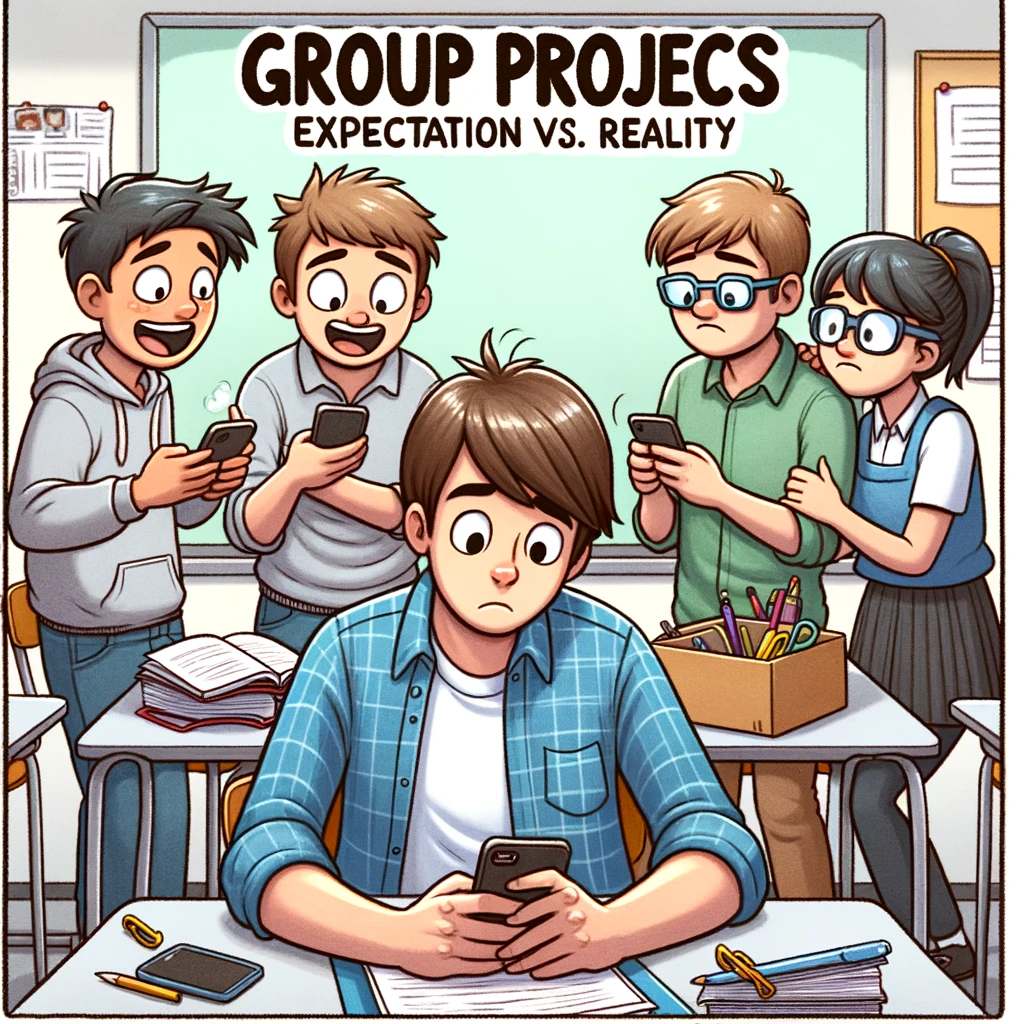 Four students in a group project: one doing all the work, another playing on their phone, the third staring blankly, and the fourth absent. The caption reads: "Group Projects: Expectation vs. Reality." Classroom setting, cartoon style, with one student working diligently while the others are distracted or absent.