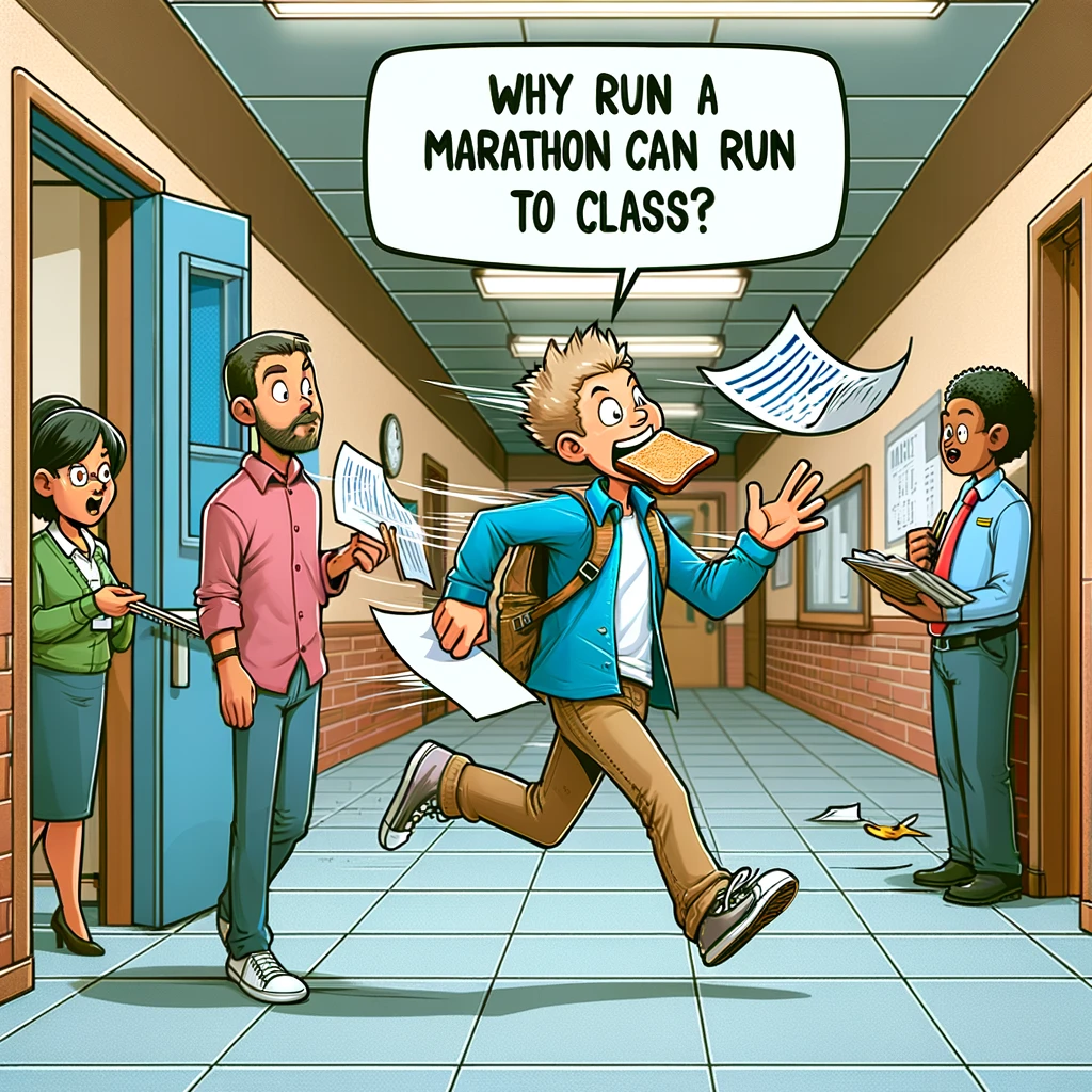 A student sprinting through the school corridors with a piece of toast in their mouth, papers flying everywhere. Teachers and students step aside as they pass. Caption reads: "Why run a marathon when you can run late to class?" School hallway setting, cartoon style, dynamic action scene with the student in a hurry.