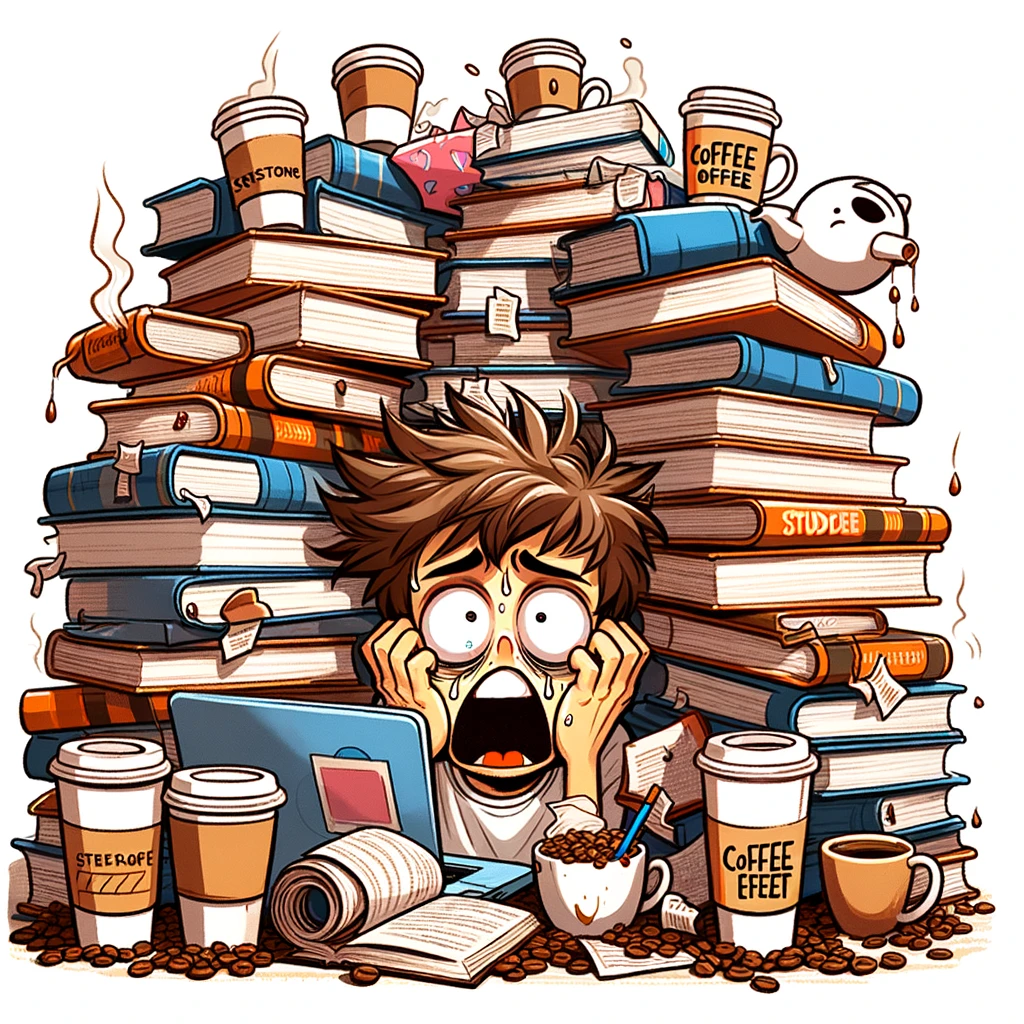 A student surrounded by a fortress of books and coffee cups, hair disheveled, and eyes wide with panic. Caption reads: "Finals week: where coffee becomes a food group." Study setting, cartoon style, with the student looking overwhelmed and stressed among a mountain of books and coffee.
