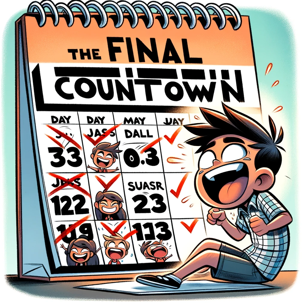 A calendar with days being crossed off until summer vacation. A student's face grows more excited as the last day of school approaches. Caption reads: "The final countdown." Cartoon style, showing a progression of excitement on the student's face with each passing day on the calendar.