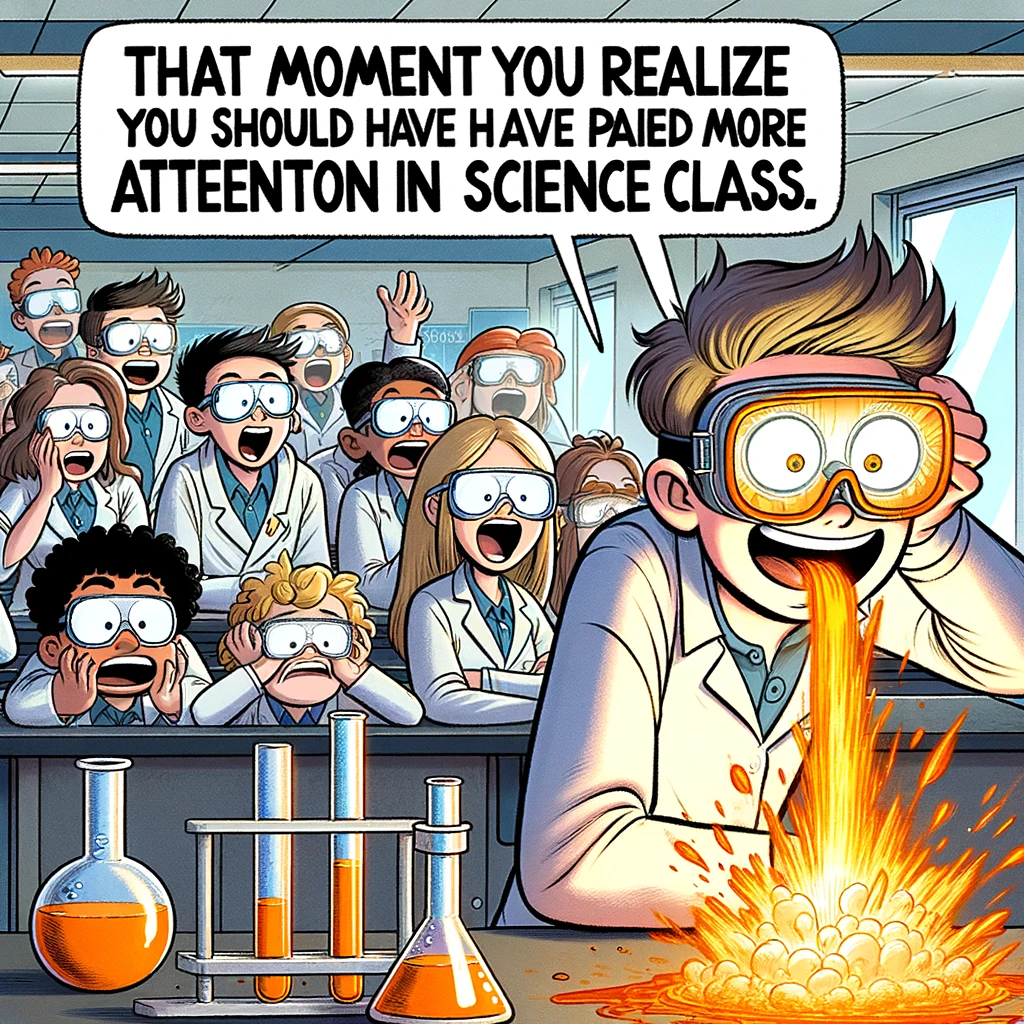 A student in science lab goggles, excitedly watching a science experiment about to go wildly wrong. Other students in the background are ducking for cover. Caption reads: "That moment you realize you should have paid more attention in science class." School science lab setting, cartoon style, with the student eagerly observing the chaotic experiment.