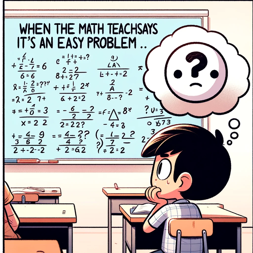 A student staring blankly at a complex math problem on the board. In their thought bubble, there's just a confused cartoon question mark. Caption reads: "When the math teacher says it's an easy problem." Classroom setting, cartoon style, with the student puzzled and overwhelmed by the math problem.