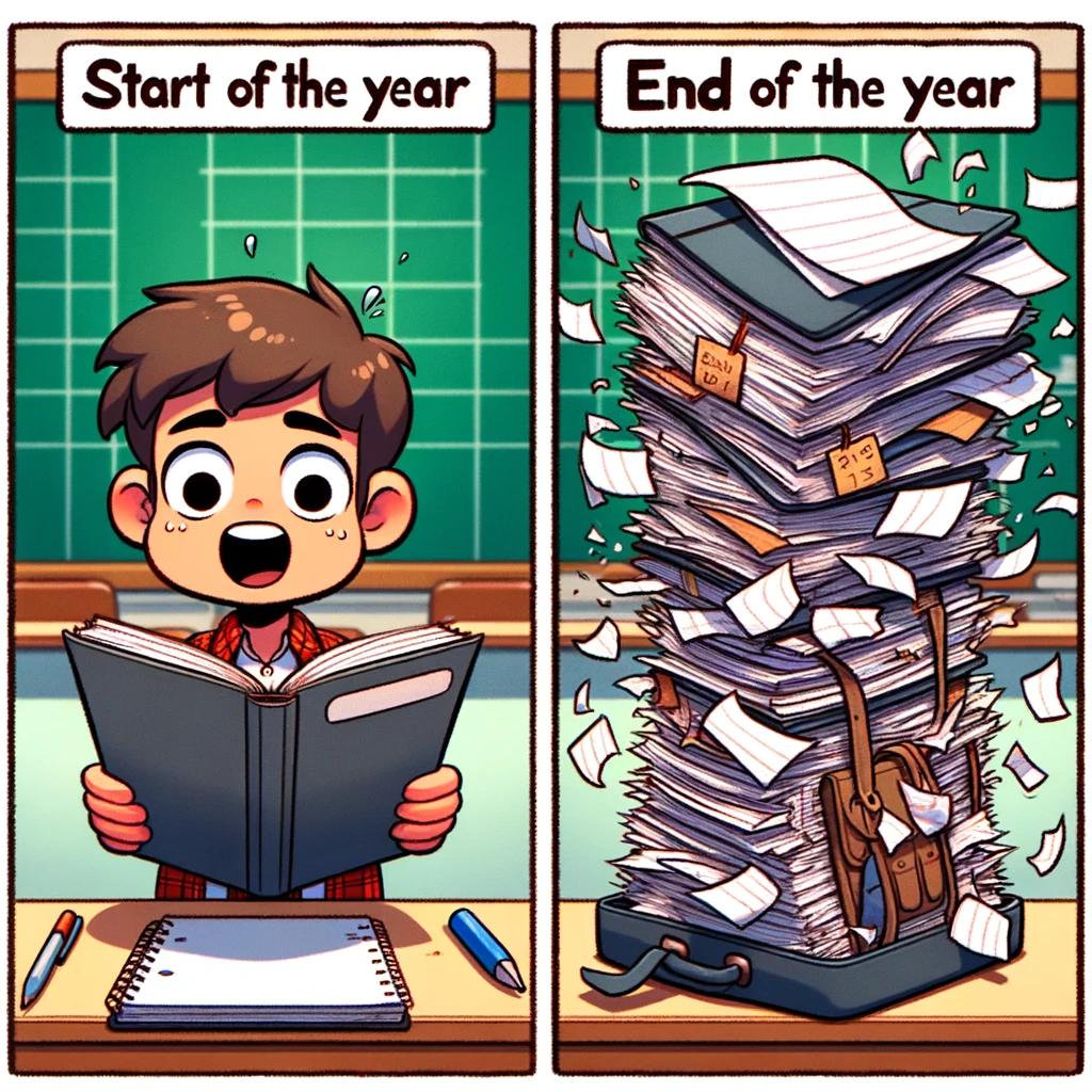 A student opens a notebook at the start of the school year, then the same notebook at the end of the year, bursting with papers and barely holding together. Caption reads: "Start of the year vs. End of the year." School setting, cartoon style, showing the progression from a neat notebook to an overstuffed one.