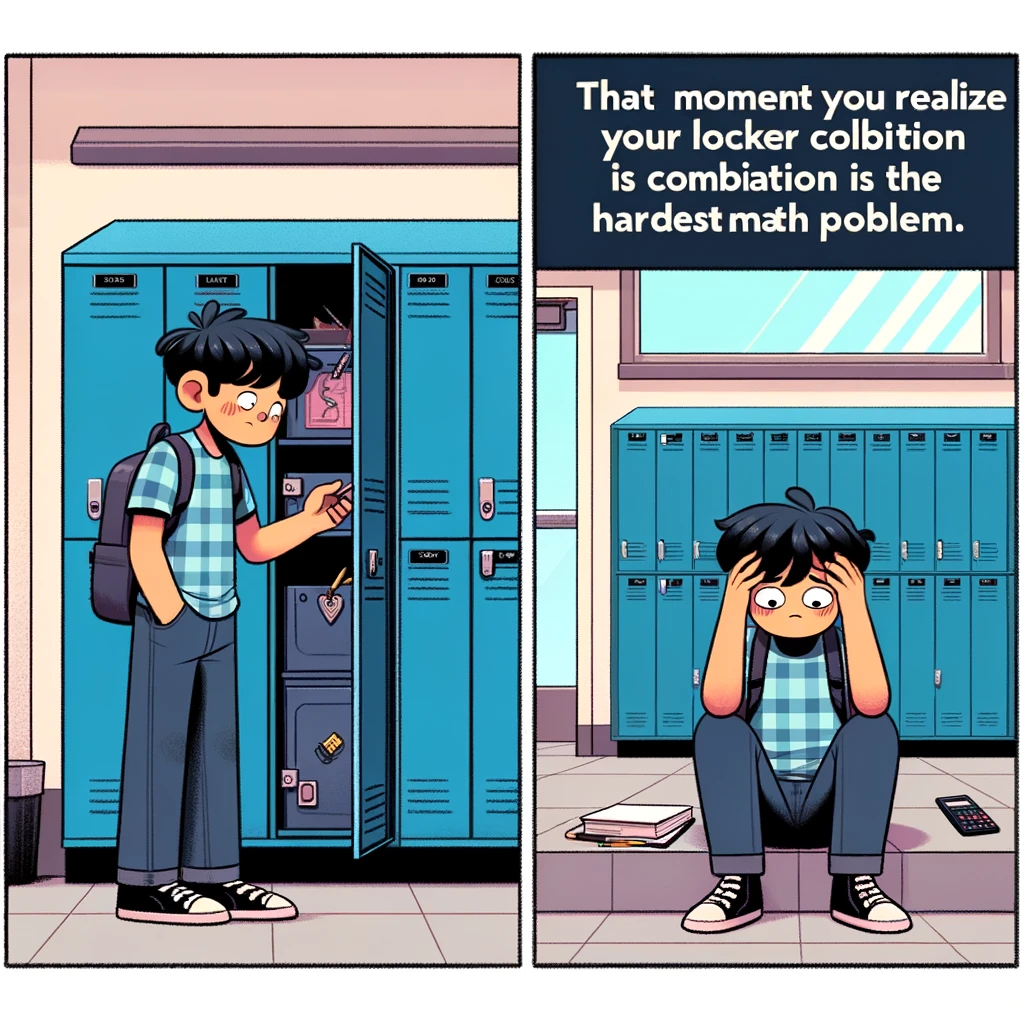 A student standing in front of their locker with a confused expression, trying various combinations. Next panel, they're sitting on the floor, defeated. Caption reads: "That moment you realize your locker combination is the hardest math problem." School hallway setting, cartoon style, showing the student's frustration and defeat with the locker combination.