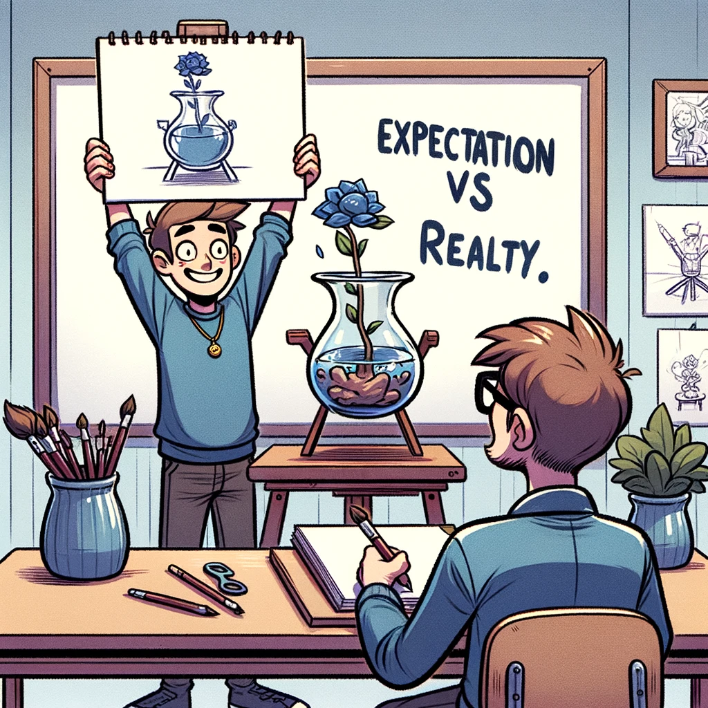 A student proudly holding up a drawing that looks nothing like the still life set up in front of them. Caption reads: "Expectation vs. Artistic Reality." Art class setting, cartoon style, with the student's drawing humorously contrasting with the actual still life scene.